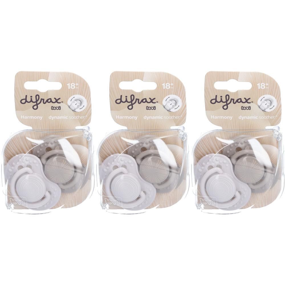 Drie Difrax fopspenen Harmony Dynamic, 18+ maanden, in neutrale kleuren.