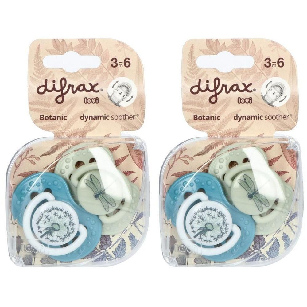 Deux sucettes Difrax Dynamic Botanic, 3-6 mois, avec motifs libellule et pissenlit.