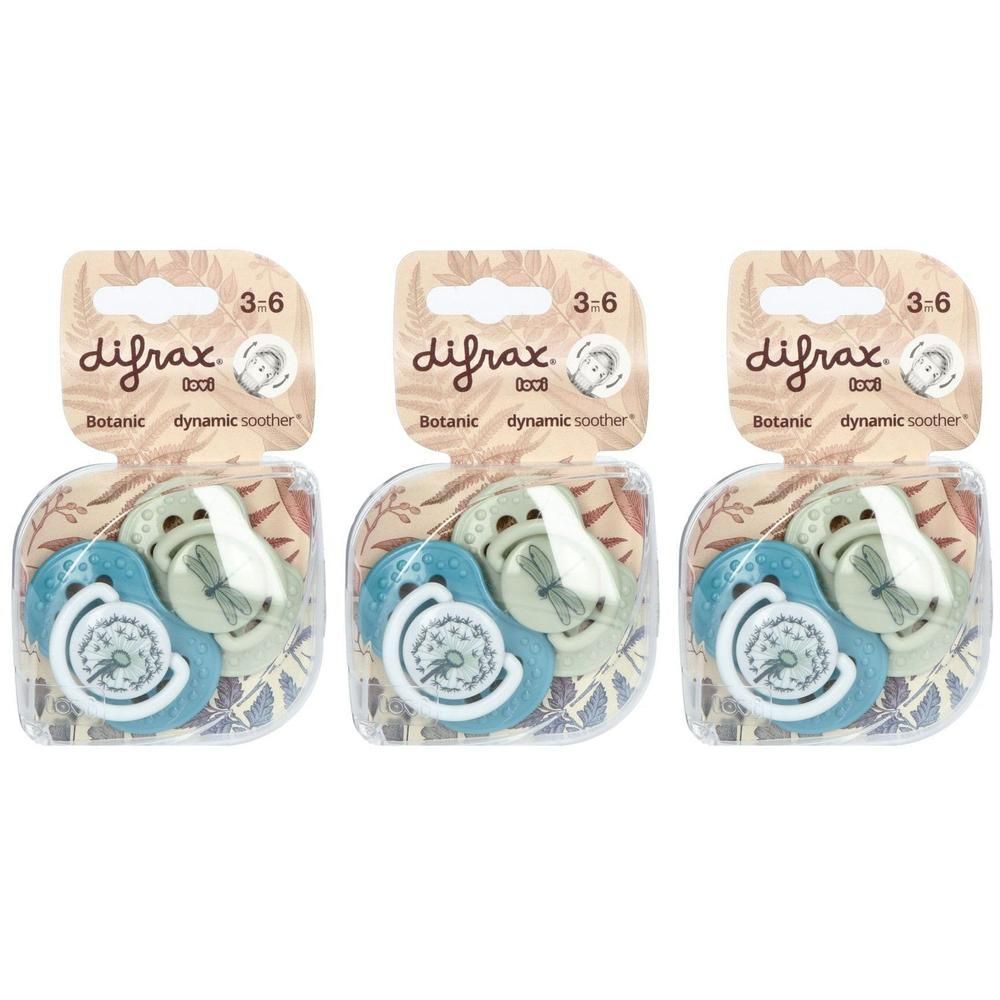 Drie Difrax Dynamic Botanic fopspenen voor 3-6 maanden in blisterverpakking.