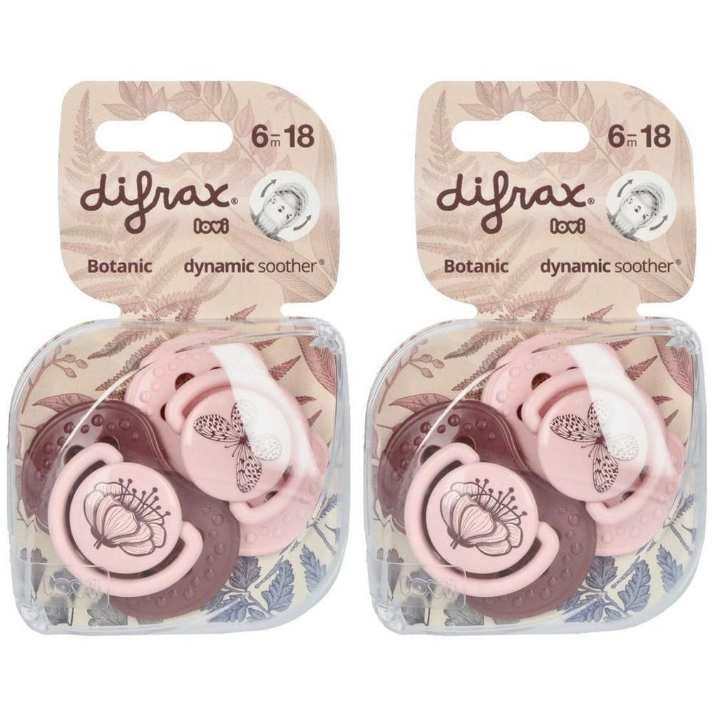 Twee Difrax Dynamic Soother fopspeentjes, 6-18 maanden, roze en bruin met bloemen- en vlindermotief.