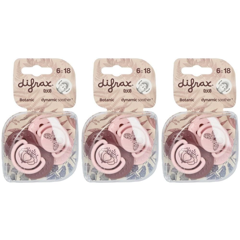 Trois sucettes Difrax Dynamic Botanic Rose, 6-18 mois, roses et marron.