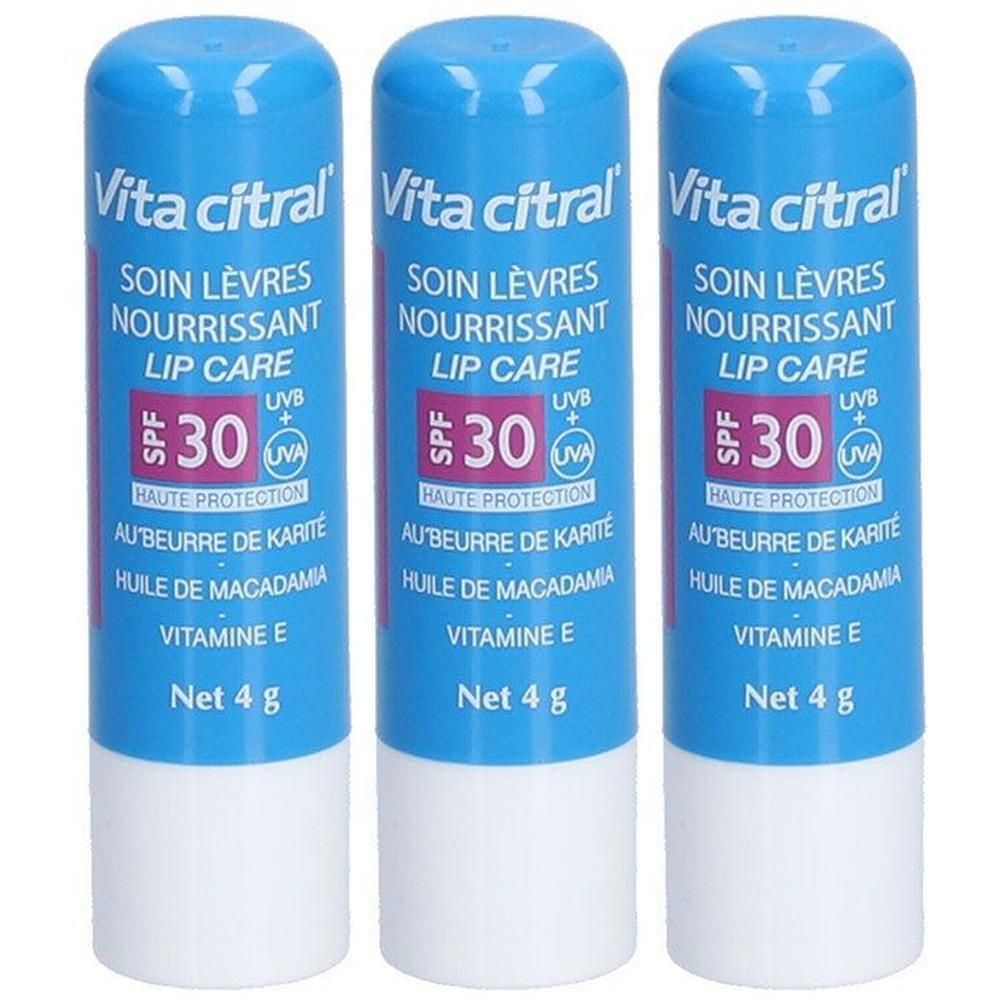 Trois baumes à lèvres Vita Citral Soin Lèvres Nourrissant SPF30, 4g.