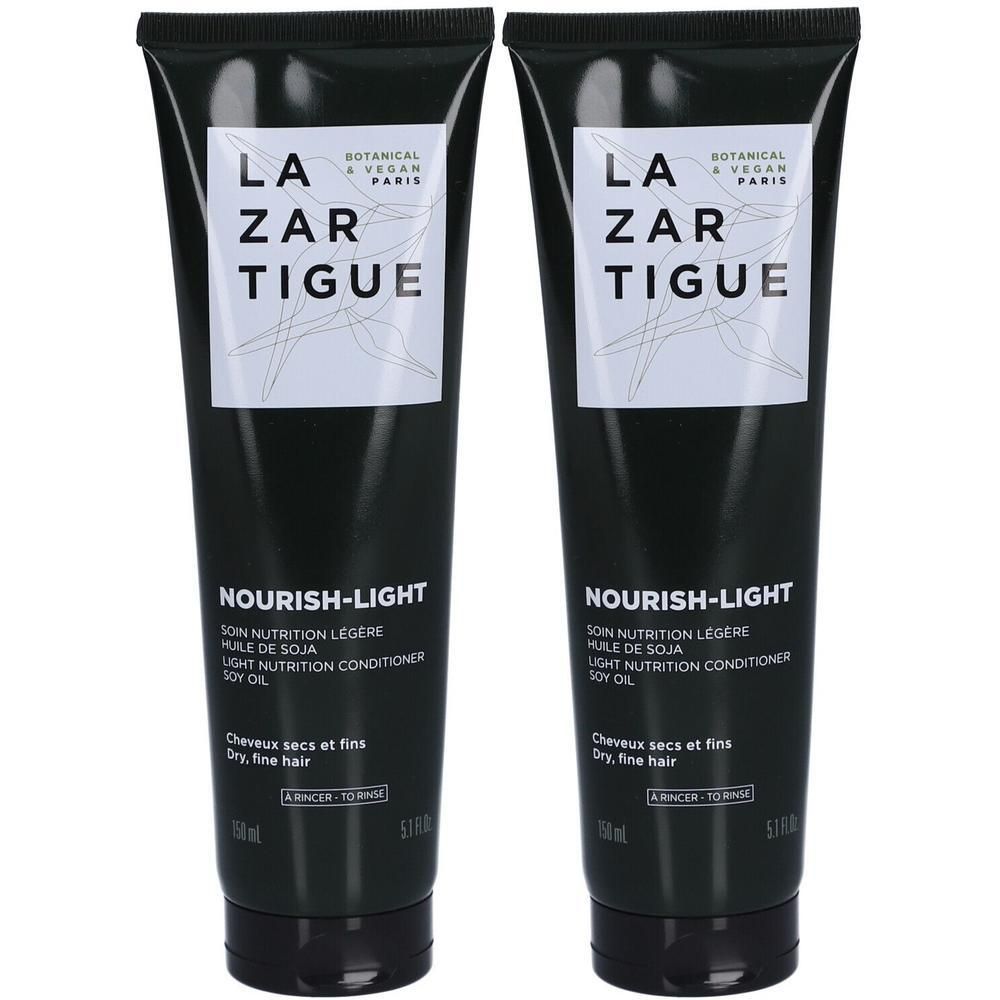 Twee tubes Lazartigue Nourish-Light Light Nutrition Conditioner Sojaolie voor droog, fijn haar.