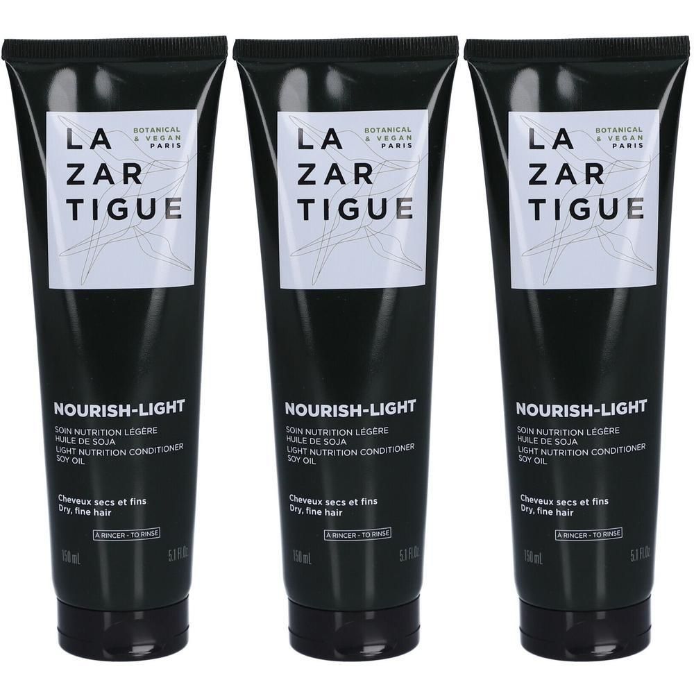 Drie donkere tubes met Lazartigue Nourish-Light haarverzorging.
