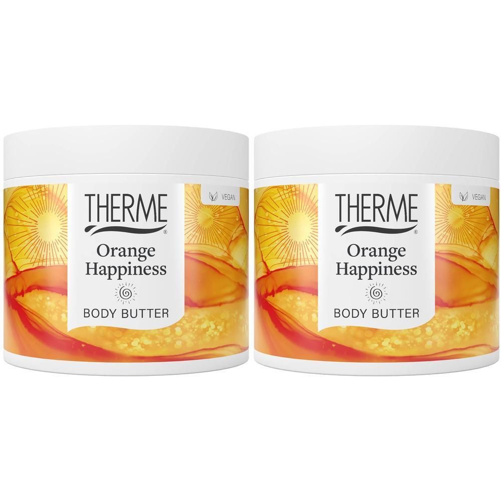 Twee potten Therme Orange Happiness Body Butter met sinaasappelschijfjes design.