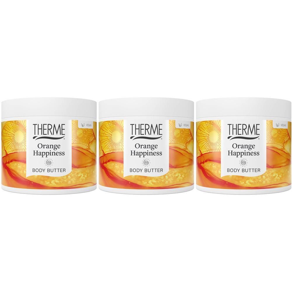 Trois pots de Beurre Corporel Therme Orange Happiness côte à côte.
