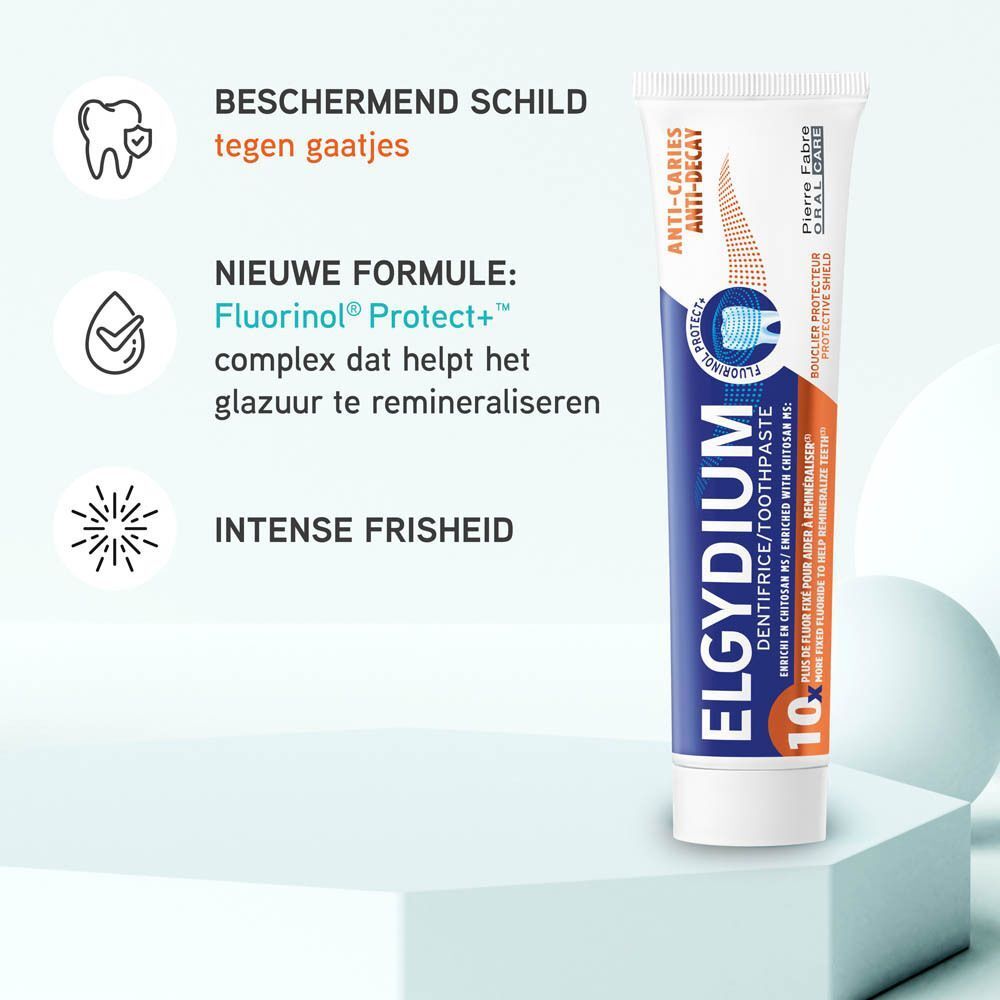 Elgydium tandpasta: beschermend schild tegen gaatjes, nieuwe formule Fluorinol Protect+.