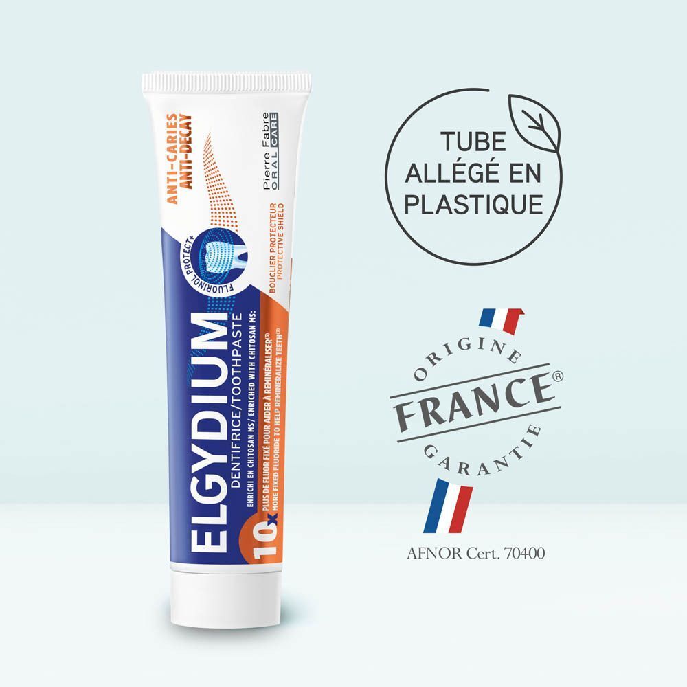 Dentifrice Elgydium : tube allégé en plastique, origine France garantie.