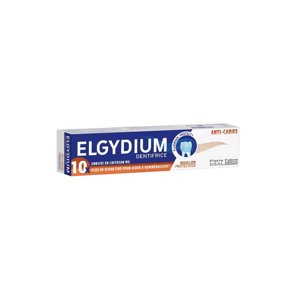 Une boîte de dentifrice Elgydium Protection caries.