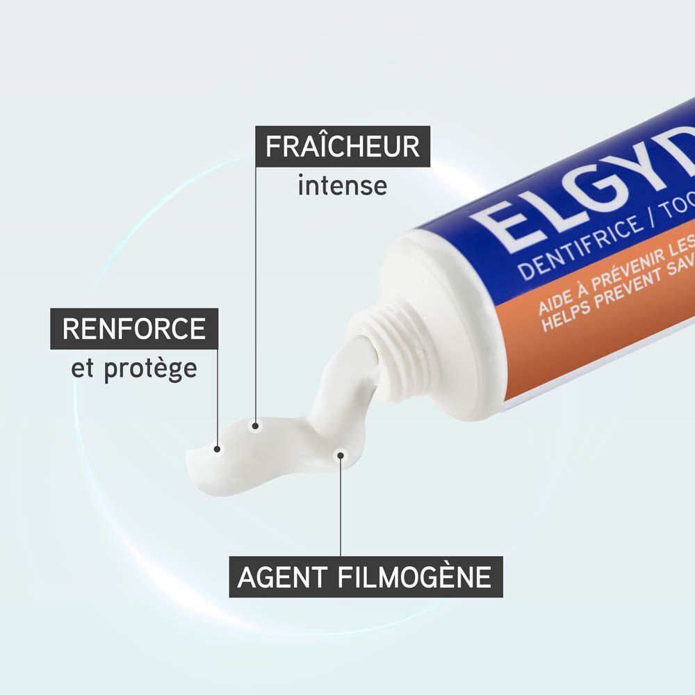 Dentifrice Elgydium : fraîcheur intense, renforce et protège, agent filmogène.