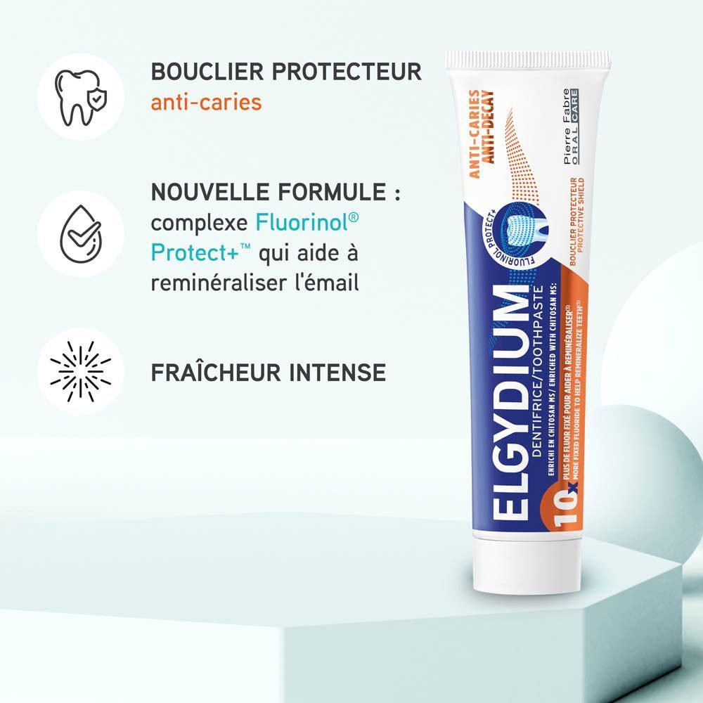 Dentifrice Elgydium : bouclier protecteur anti-caries, nouvelle formule, fraîcheur intense.