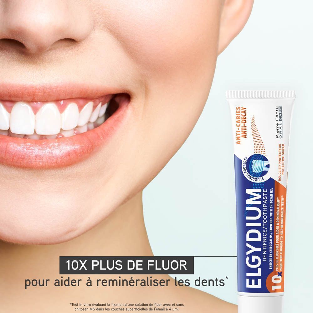 Dentifrice Elgydium et sourire, 10x plus de fluor pour aider à reminéraliser les dents.