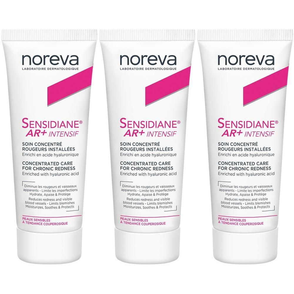 Trois tubes de soin concentré Noreva Sensidiane AR+ Intensif pour rougeurs chroniques.