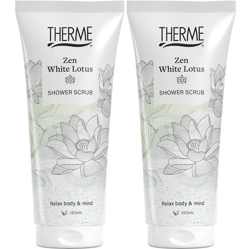 Deux tubes de gommage douche au design fleur de lotus blanc.