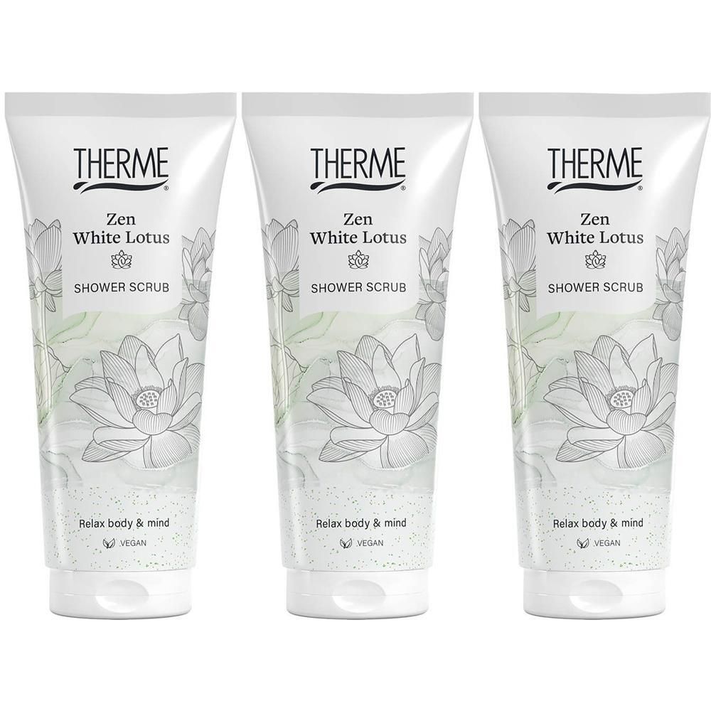 Trois tubes de gommage douche fleur de lotus blanc, mention "Relax body & mind".