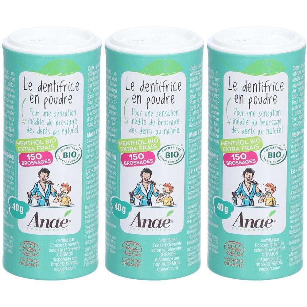 Trois boîtes de dentifrice en poudre Anae Menthol Bio, 40g par boîte, pour 150 brossages.