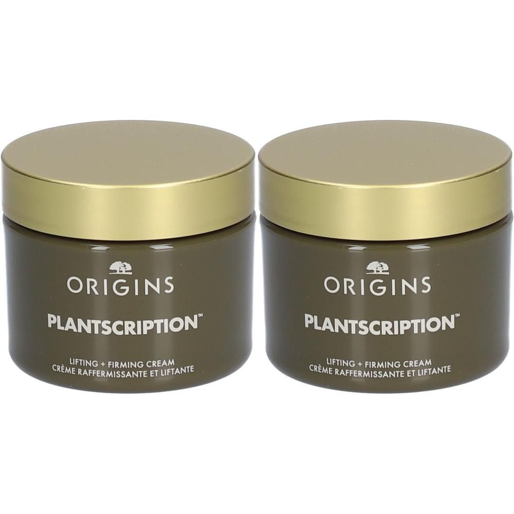 Deux pots de Origins Plantscription Lifting + Firming Cream avec couvercles dorés.
