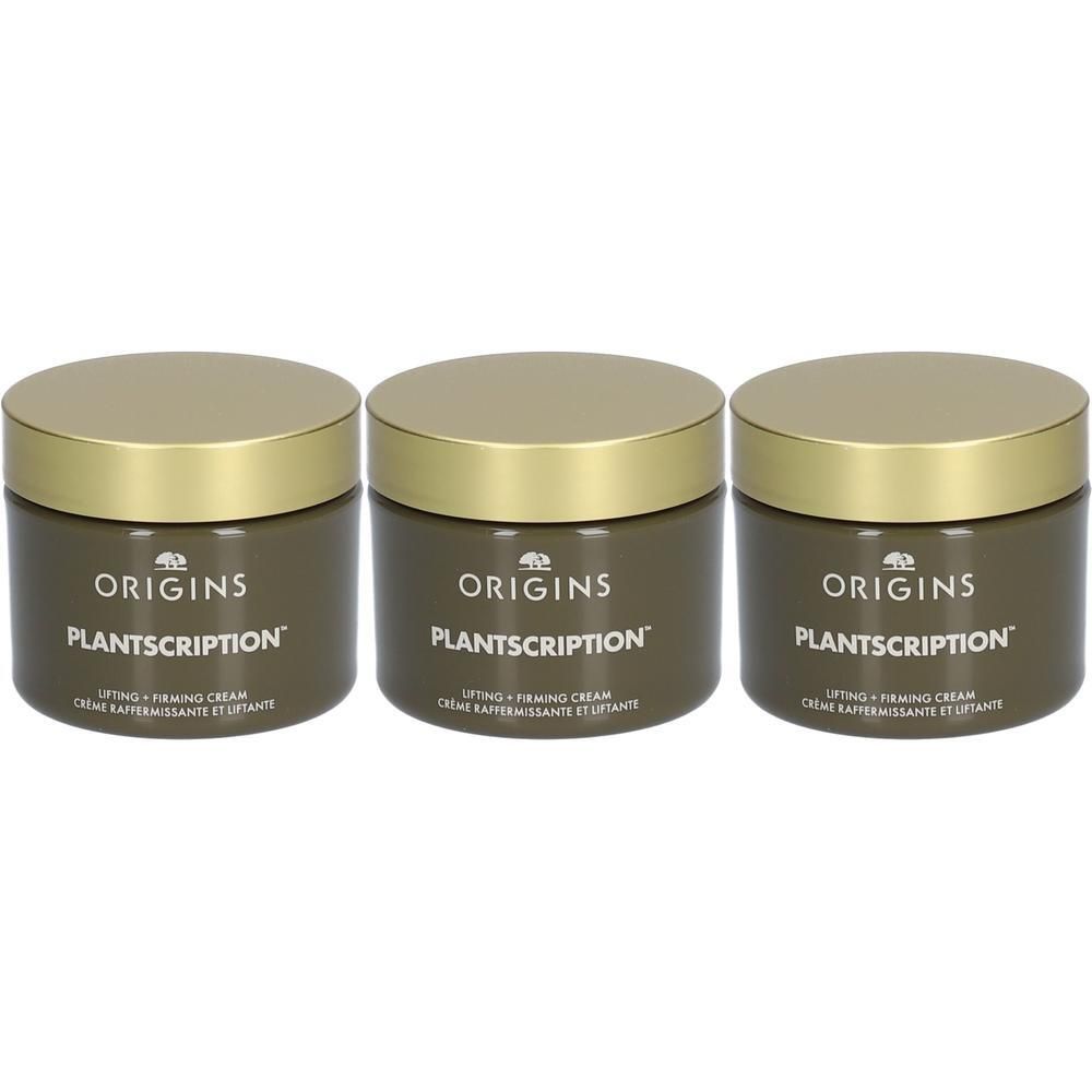 Drie Origins Plantscription Lifting + Firming Cream potjes met gouden deksels.