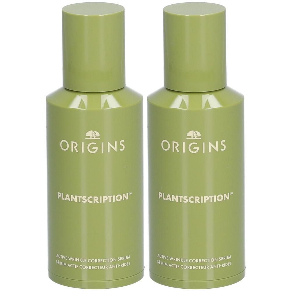 Twee groene flacons Origins Plantscription™ Active Wrinkle Correction Serum.