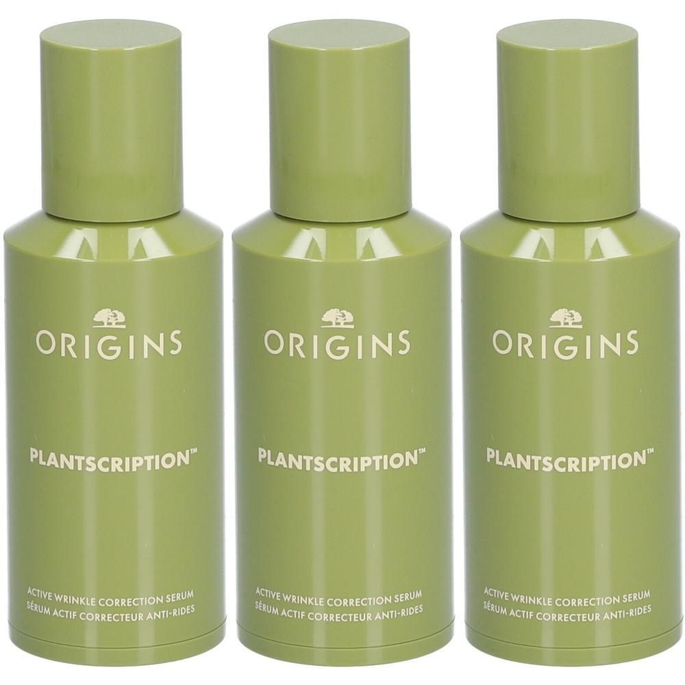 Trois flacons verts de Sérum Anti-Rides Origins Plantscription™.