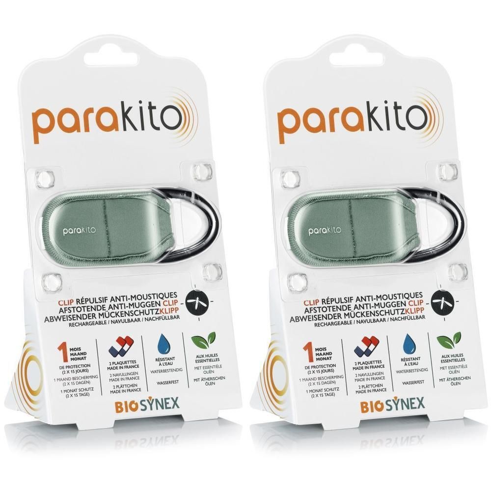 Deux clips anti-moustiques Parakito sous emballage. Clips verts avec cordon noir.