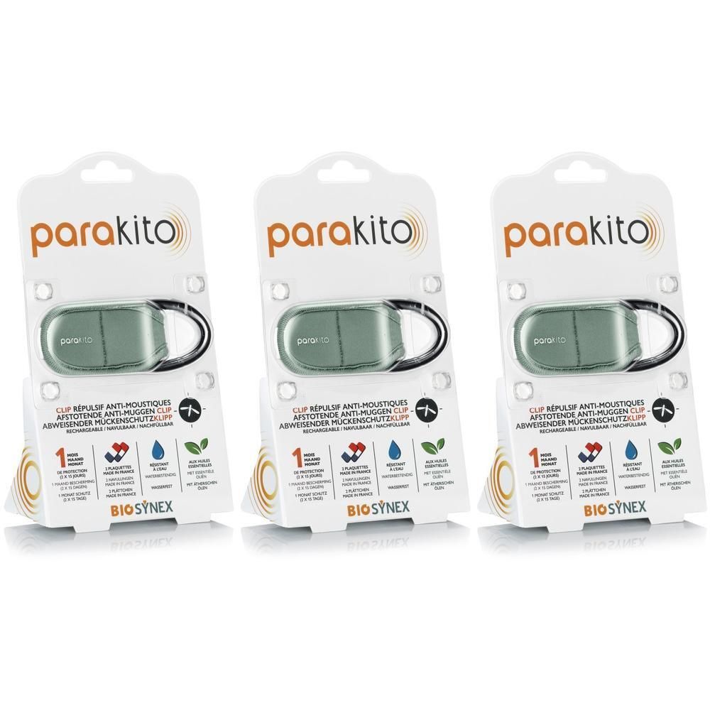 Trois clips anti-moustiques Parakito sous emballage. Clips verts avec anneau.