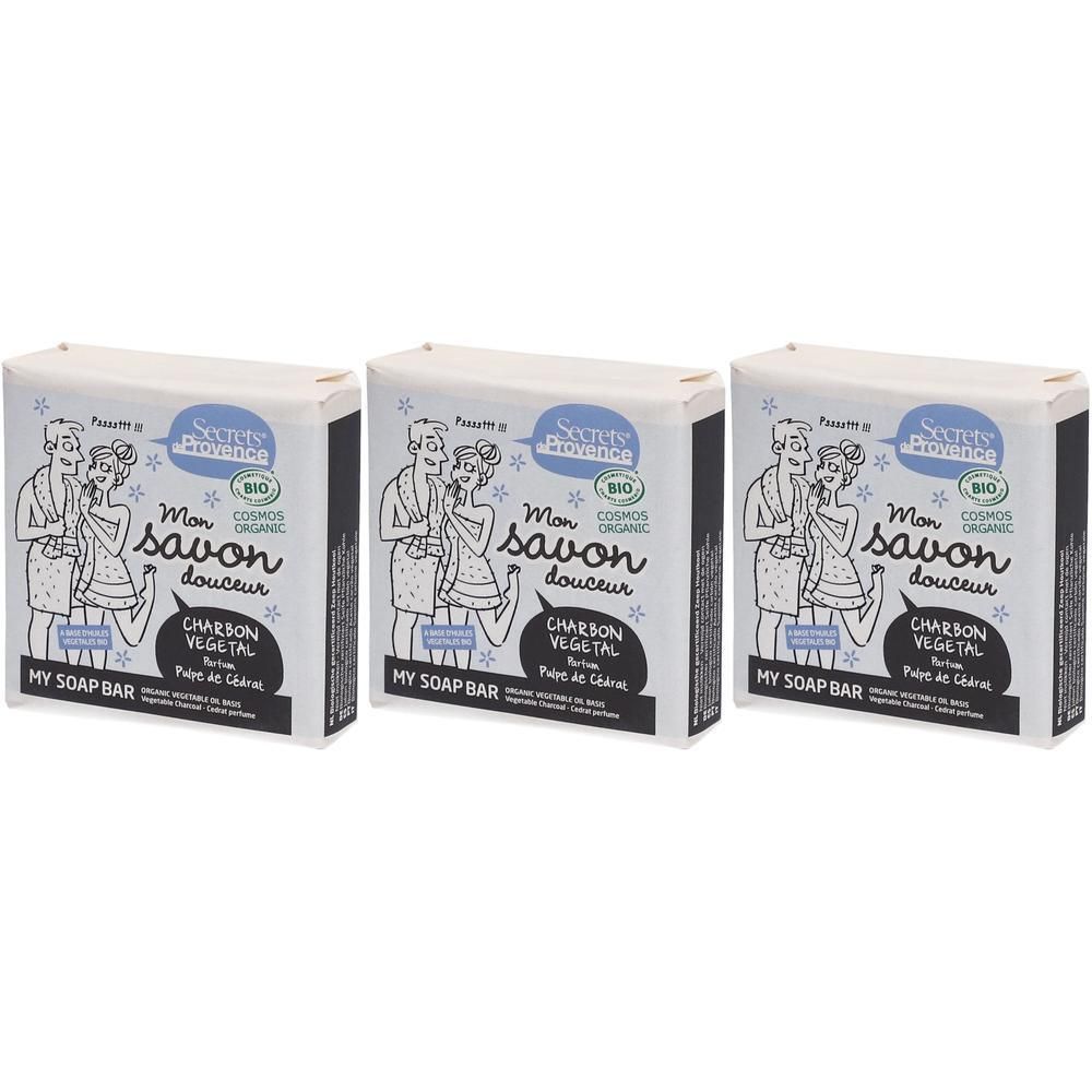Trois paquets de savon "Mon Savon Douceur" au charbon végétal. Certifié bio.