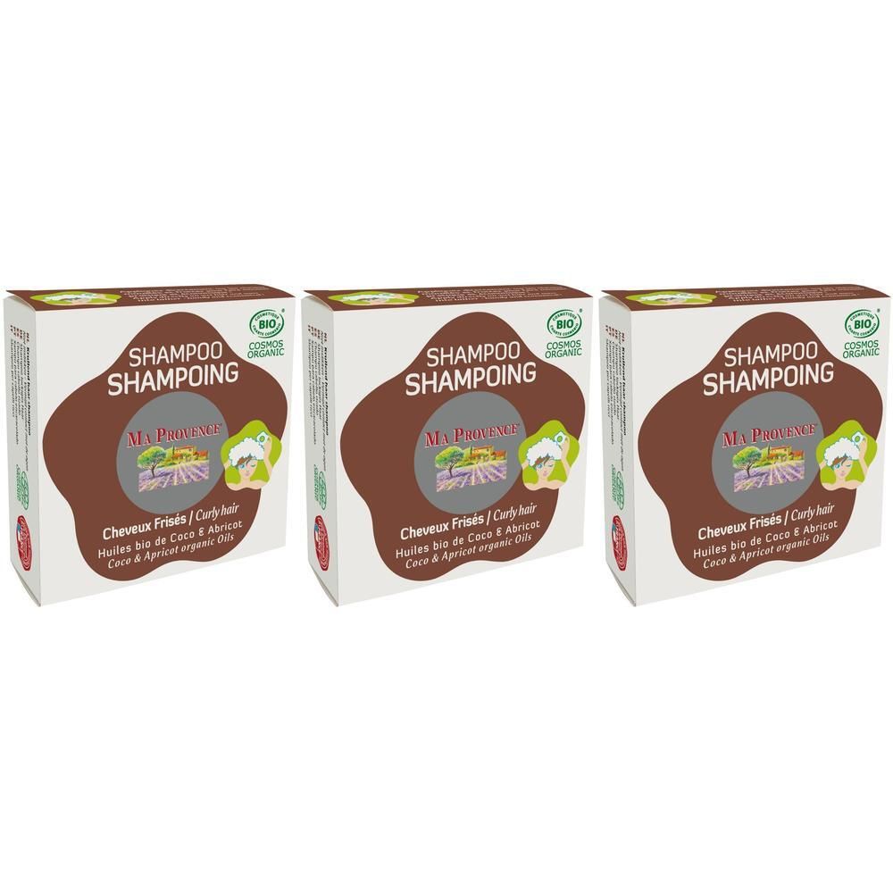 Drie doosjes biologische vaste shampoo voor krullend haar met kokos- en abrikozenolie.