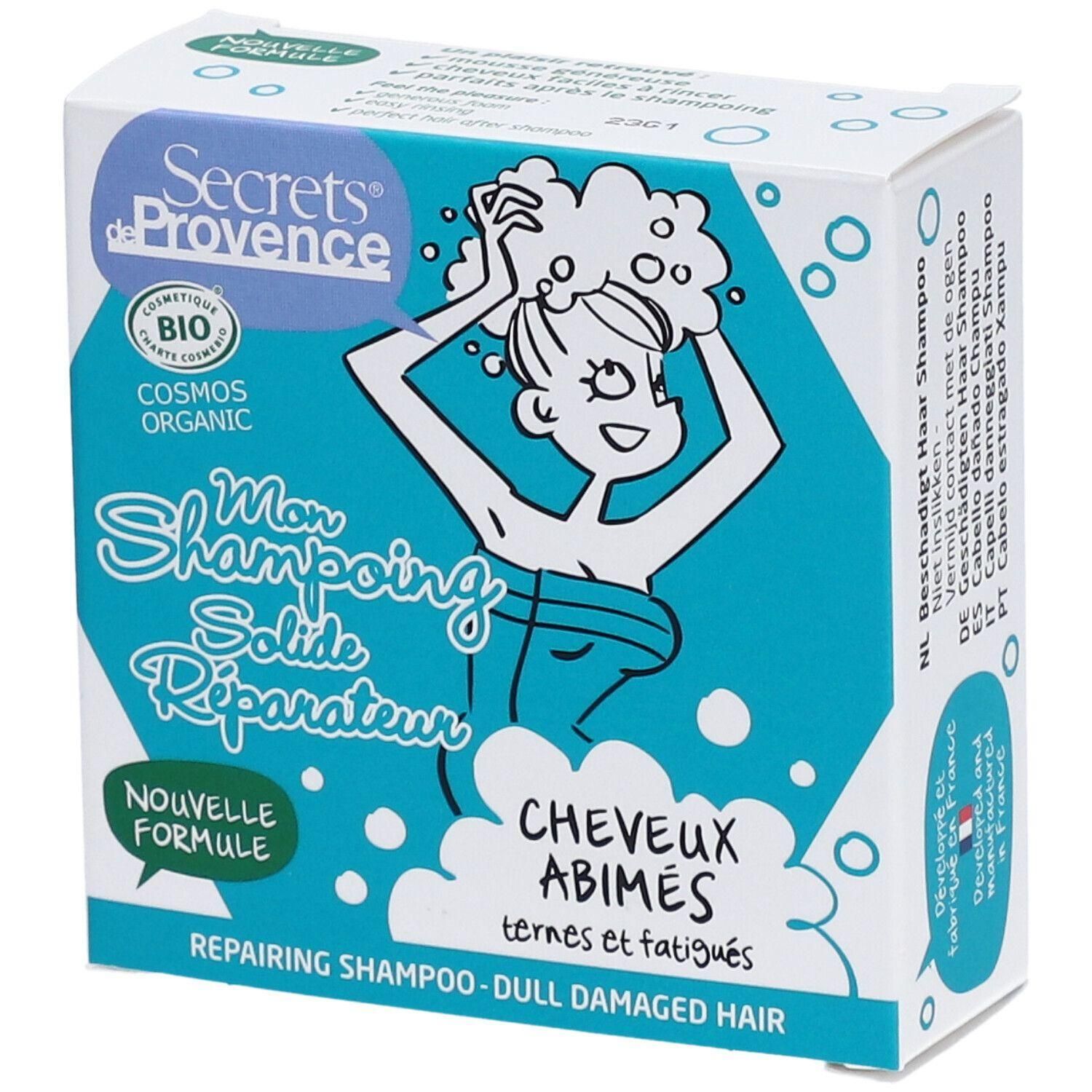 Secrets de Provence shampooing solide réparateur pour cheveux abîmés, certifié bio.