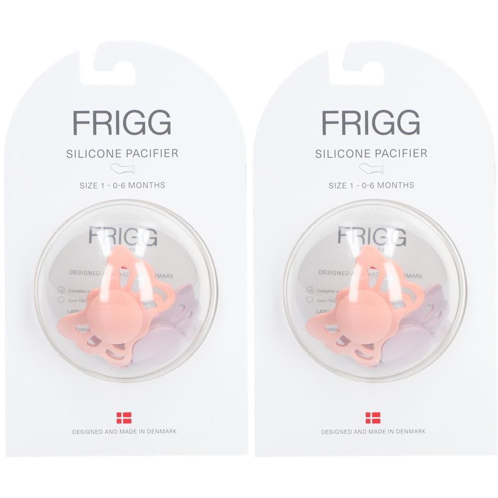 Deux sucettes FRIGG en silicone papillon, taille 1 (0-6 mois), lilas et pêche.