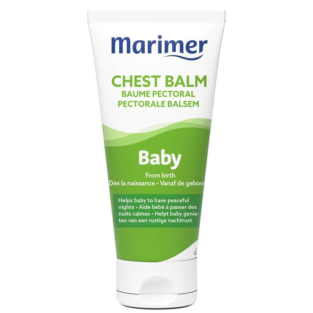 Un tube de Baume Pectoral Marimer Baby avec inscriptions.
