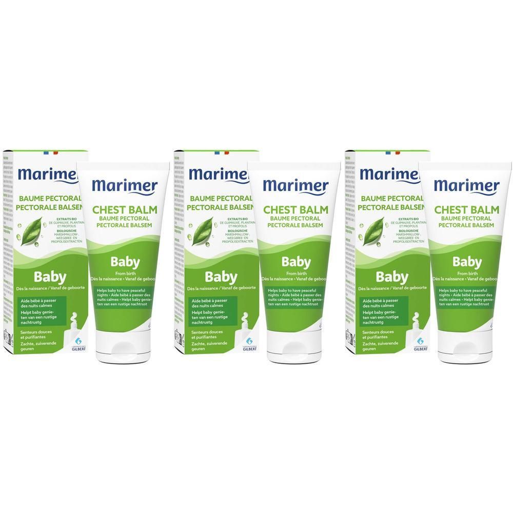 Trois tubes de Marimer Baume Pectoral Baby avec boîtes, blanc et vert.