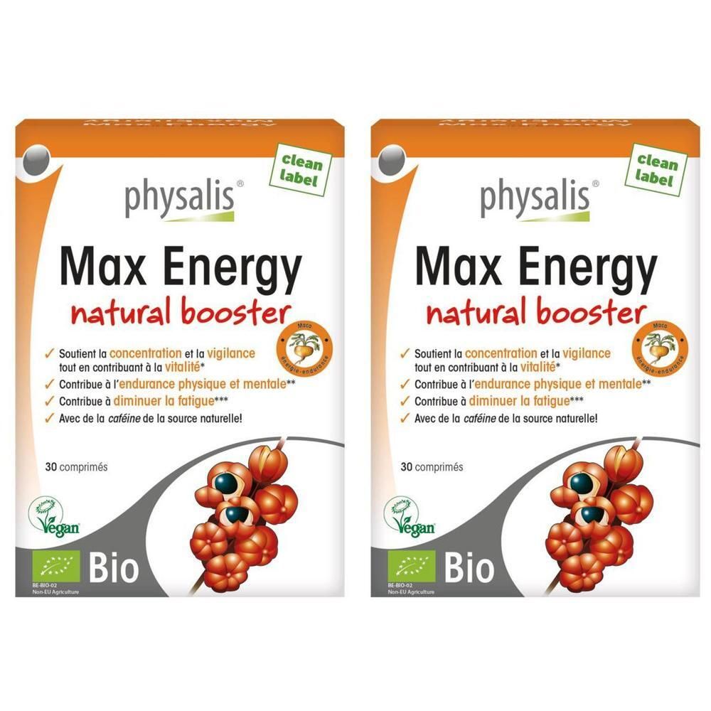 Deux boîtes de Physalis Max Energy Natural Booster, 30 comprimés par boîte.