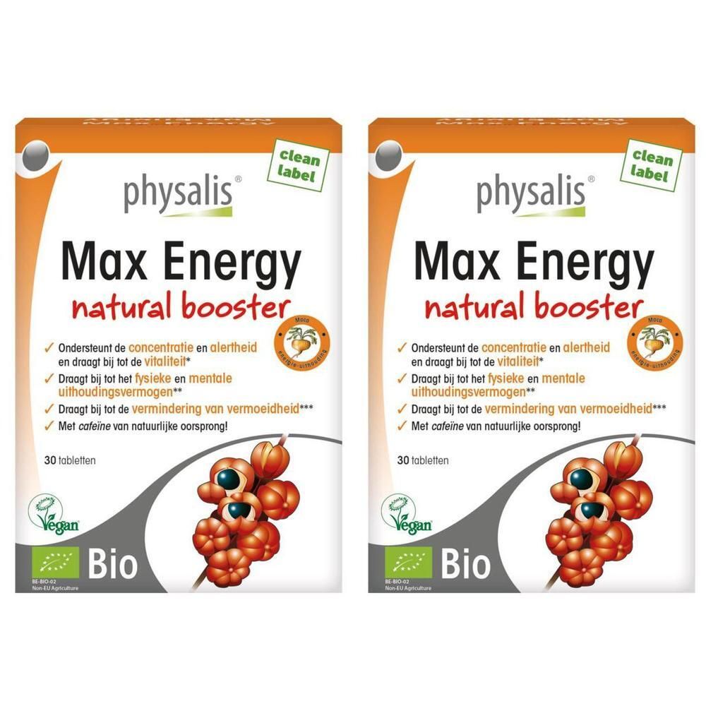Twee verpakkingen Physalis Max Energy Natural Booster, 30 tabletten per verpakking.
