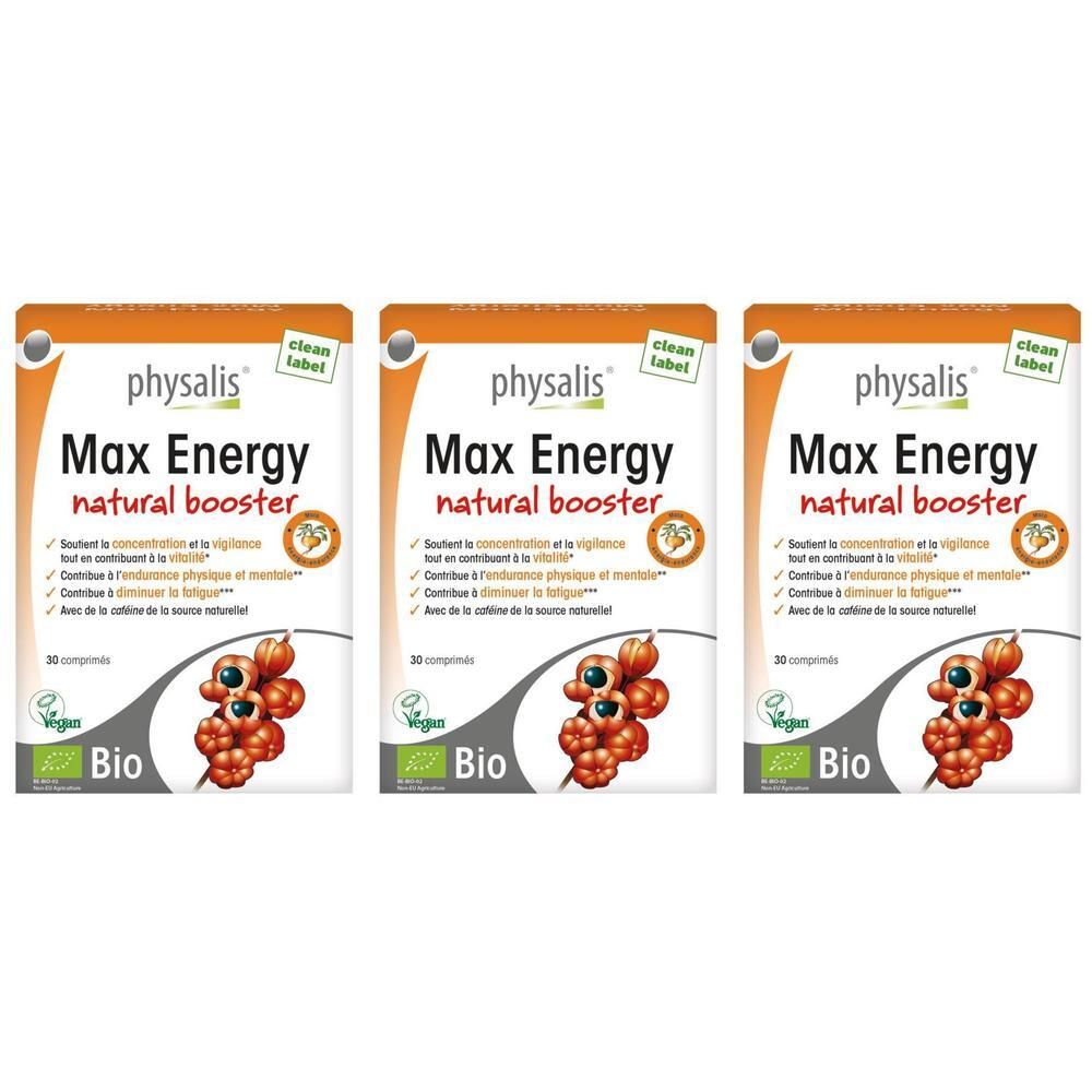 Trois boîtes Physalis Max Energy Natural Booster, certifiées Bio.