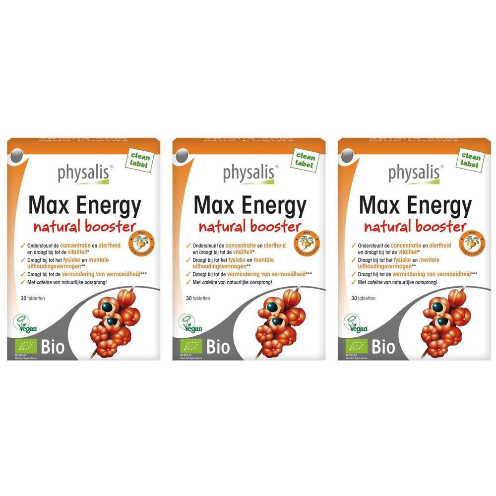 Drie verpakkingen Physalis Max Energy Natural Booster, biologisch gecertificeerd.