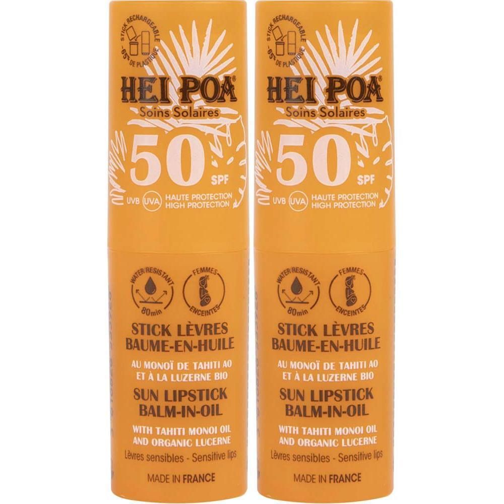 Deux sticks lèvres baume-en-huile Hei Poa SPF 50, résistants à l'eau, au monoï de Tahiti et luzerne bio.
