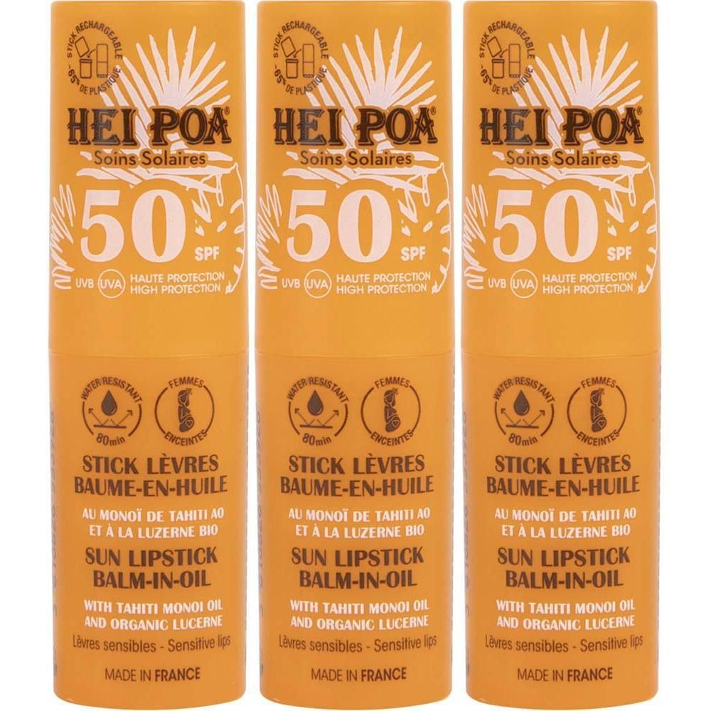 Trois sticks lèvres Hei Poa SPF 50, emballage orange.