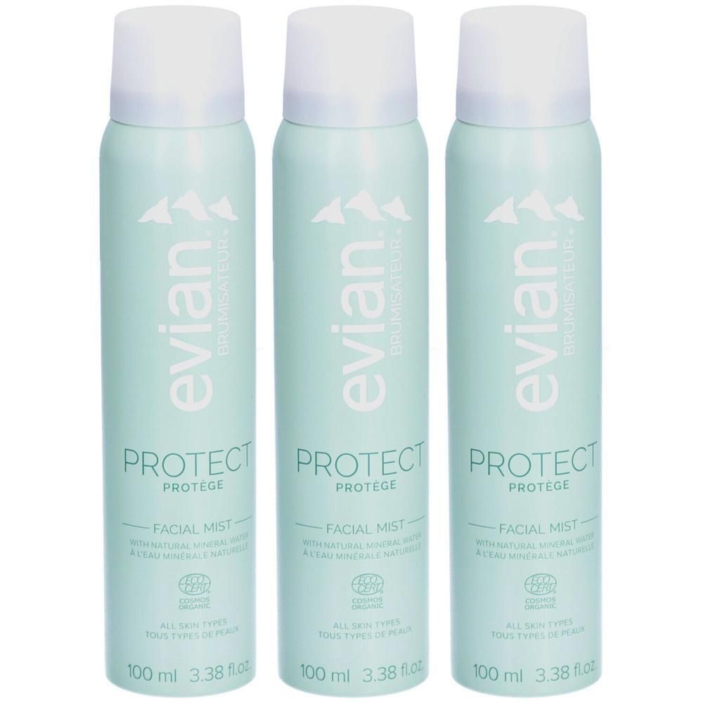 Drie lichtgroene spuitbussen Evian® Brumisateur® Protect Facial Mist met witte dop. Berglogo bovenaan.
