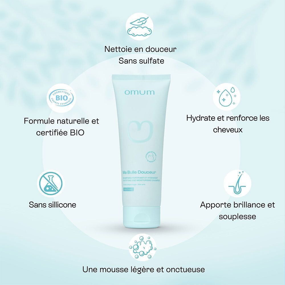 Shampoing Omum Ma Bulle Douceur : certifié BIO, hydrate, renforce, sans silicone.