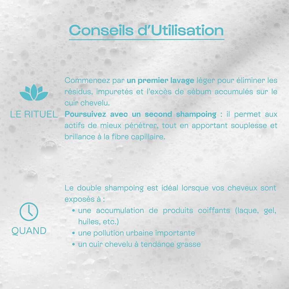 Conseils d'utilisation Omum Ma Bulle Douceur Shampoing : double lavage conseillé.