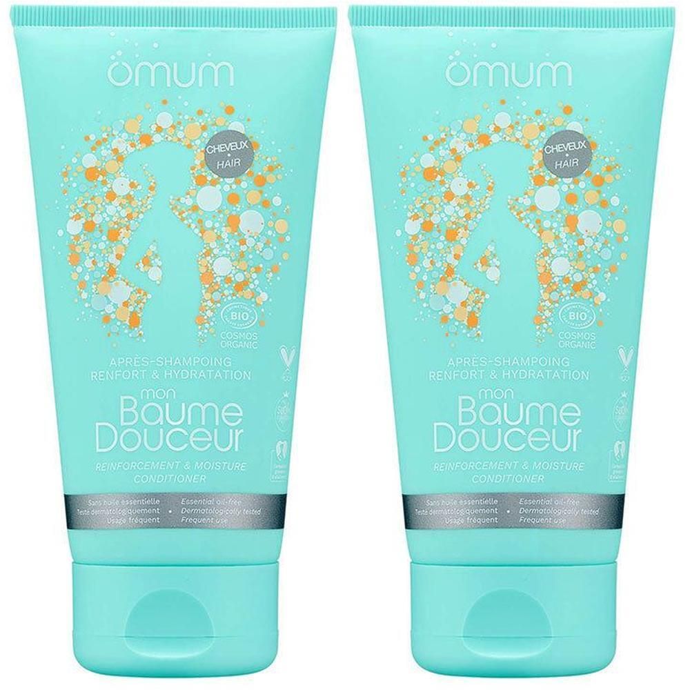 Twee turquoise tubes Omum Mon Baume Douceur Conditioner.