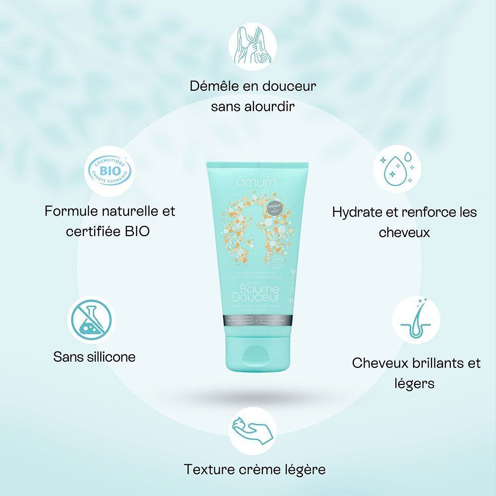 Un tube Omum Mon Baume Douceur Après-Shampoing avec infographies.