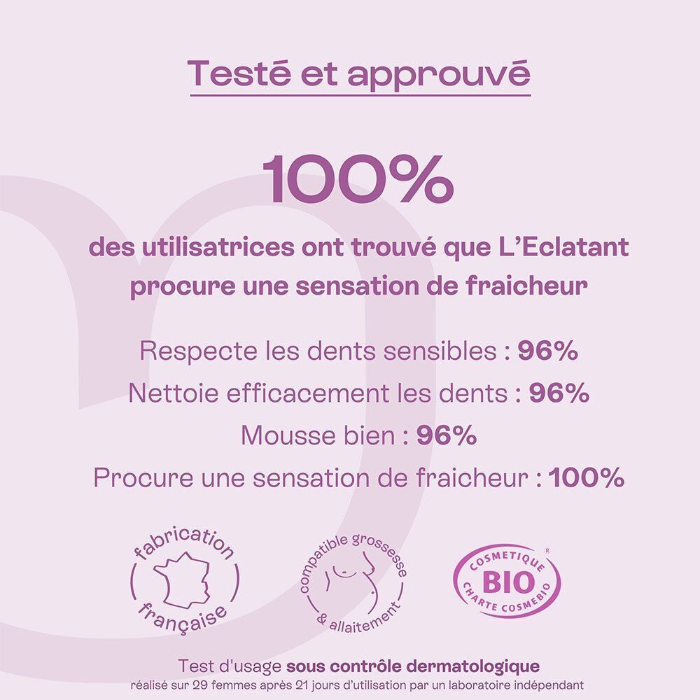 Dentifrice Omum L'Eclatant : 100% fraîcheur, compatible grossesse.