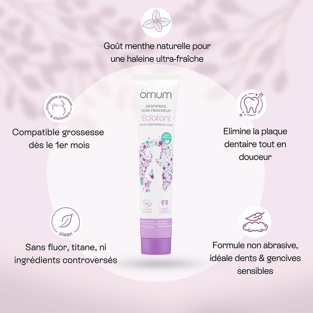 Dentifrice Omum : "Goût menthe naturelle", "Élimine la plaque dentaire", "Sans fluor".