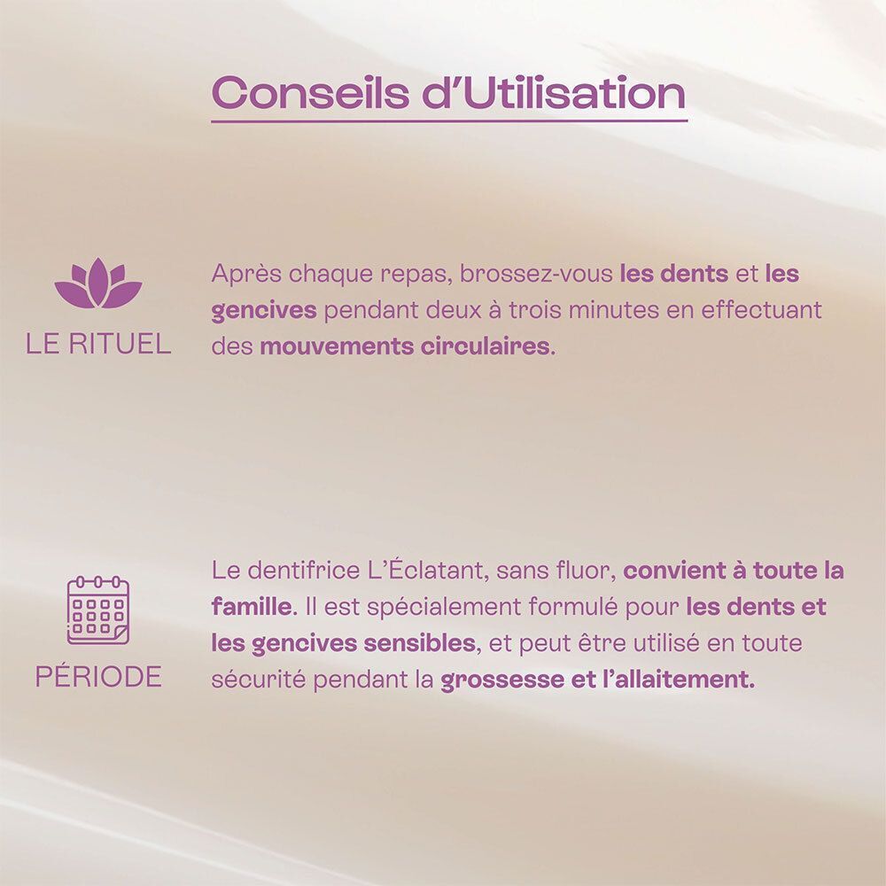Conseils d'utilisation du dentifrice Omum : "Après chaque repas", "Convient aux femmes enceintes".