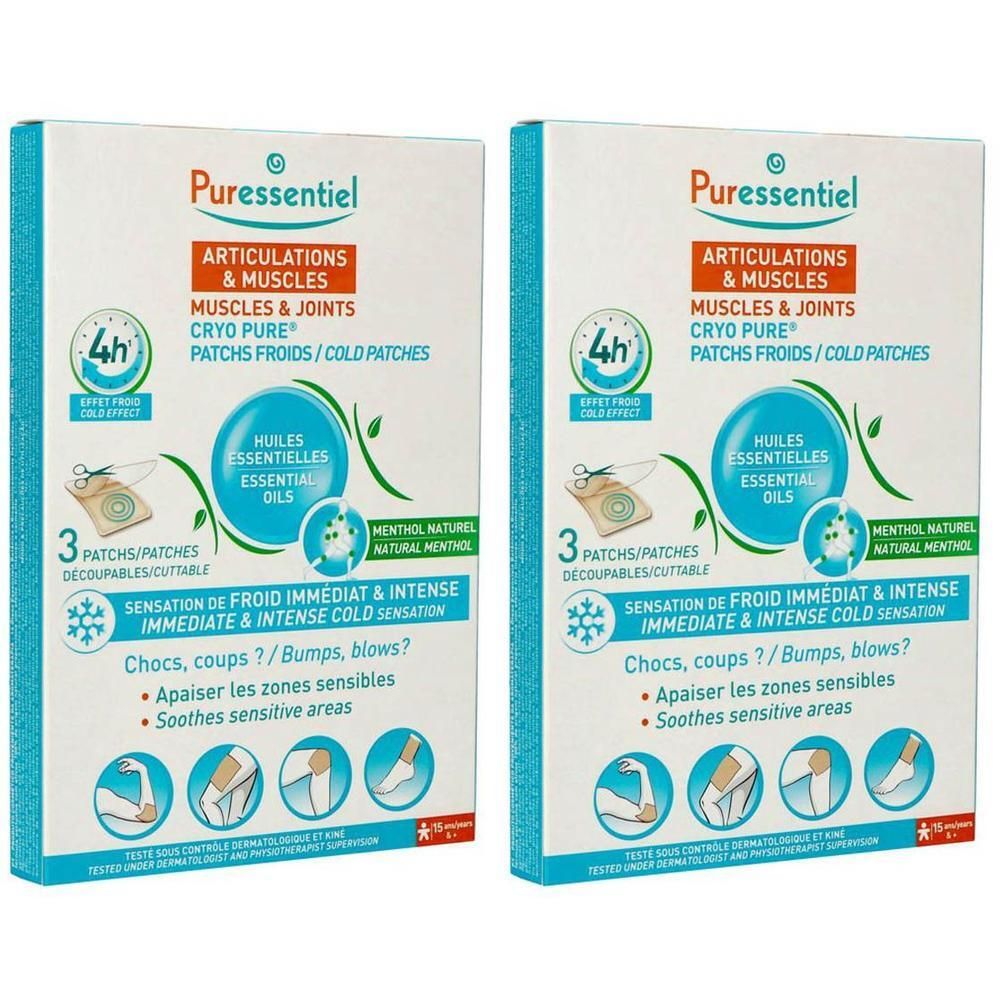 Twee pakken Puressentiel Koude Pleisters voor Spieren & Gewrichten. Elk pak bevat 3 snijbare pleisters.