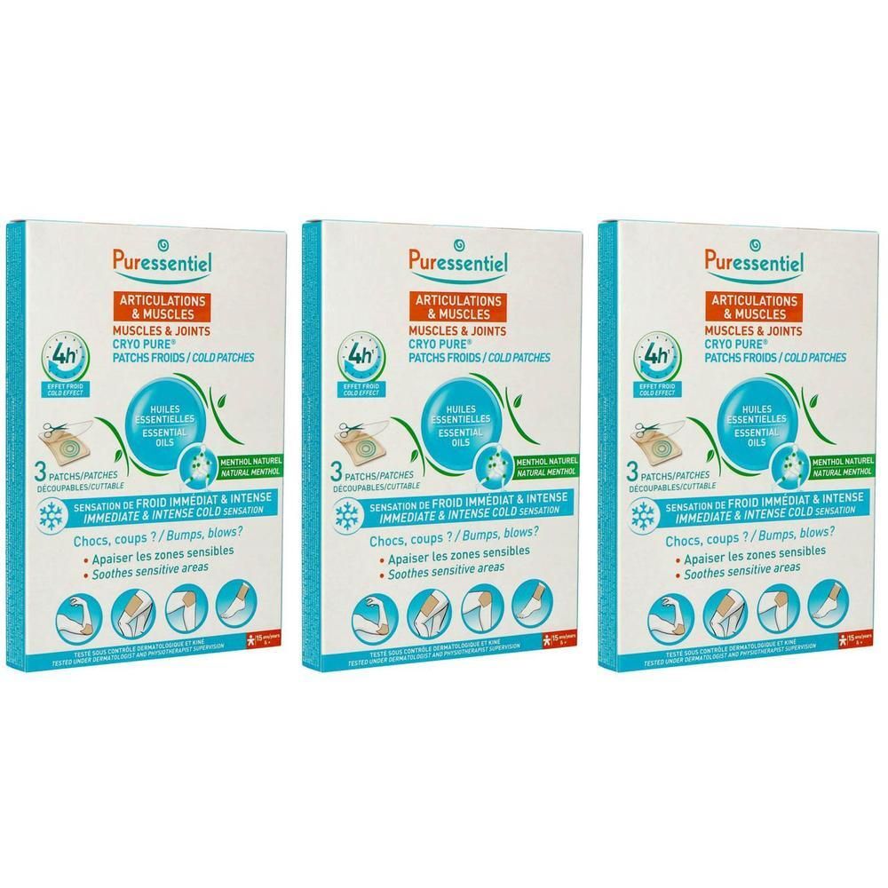 Drie pakken Puressentiel Koude Pleisters voor Spieren & Gewrichten. Elke verpakking bevat 3 pleisters.