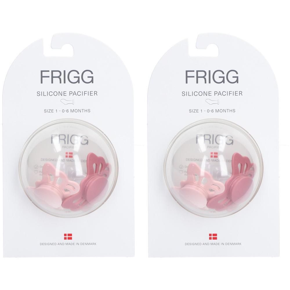 Deux sucettes FRIGG en silicone papillon, taille 1 (0-6 mois), en rose et rose poudré.