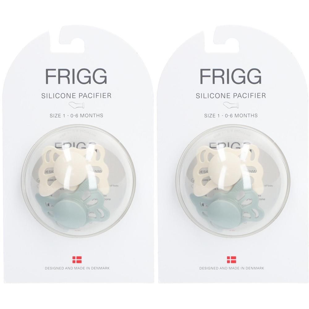 Deux sucettes FRIGG en silicone papillon, taille 1 (0-6 mois), couleur crème et sauge.